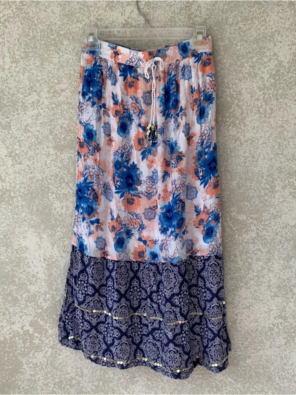 Justice Blue & Peach Floral Tiered Maxi Skirt Size 12 Rayon Flowy Lightweight